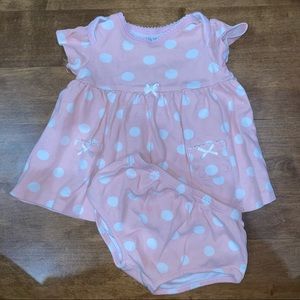Cute short sleeves pink with white polka dot shirt dress with diaper cover 3m